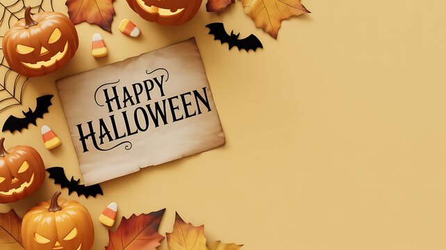 Halloween flat lay with pumpkins, bats, and autumn leaves