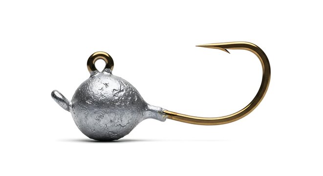 Macro view of a professional fishing jig hook with silver lead head on white background