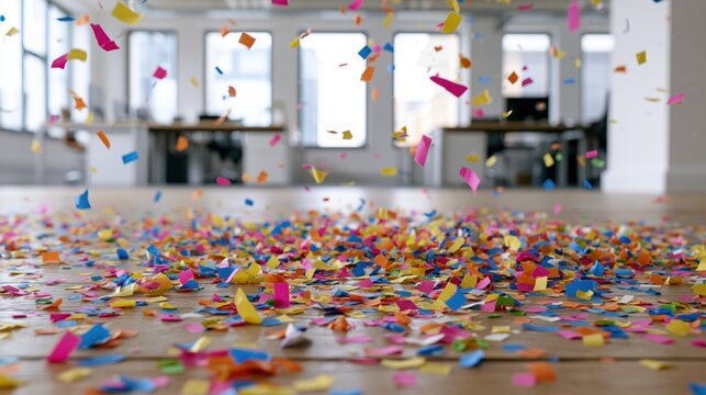The Confetti Celebration Over an Open Plan Office with Colorful Streamers
