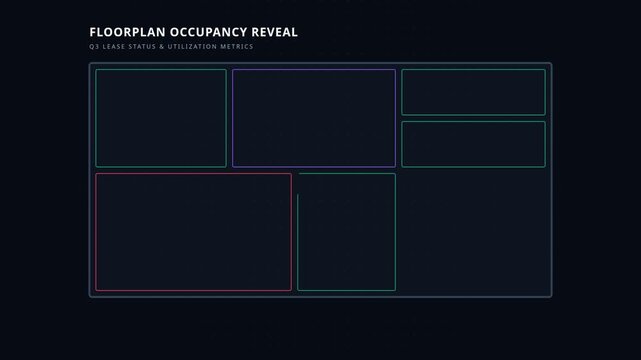 Digital floor plan occupancy interface with real estate lease status corporate asset utilization metrics, for smart building technology, commercial property management, data analytics