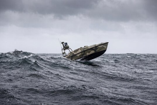 Military patrol boat navigating rough stormy sea with dramatic mood