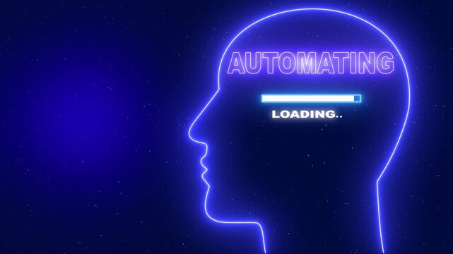 Automation Neon blue outline of a human head profile with the word Server Security and a loading bar on a dark blue starry background