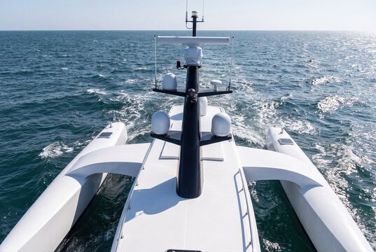 Luxury trimaran yacht bow navigating open blue sea ocean travel