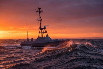 Fototapeta premium Military patrol boat sailing rough sea at sunset with dramatic sky