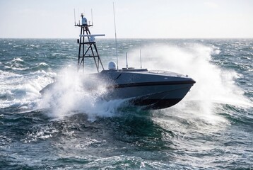 Fototapeta premium Autonomous surface vessel speeding through rough sea with water splash