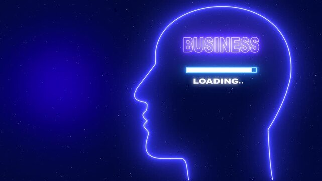 Business Neon blue outline of a human head profile with the word Server Security and a loading bar on a dark blue starry background