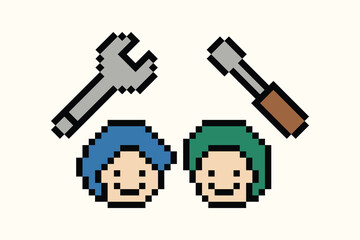 Fototapeta premium Cute cartoon of maintenance engineer fix or improvement problem repair pixel art.