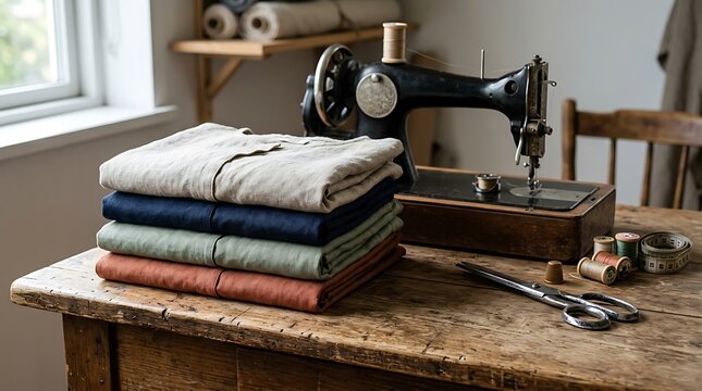 Vintage sewing machine and folded linen fabrics on a wooden table