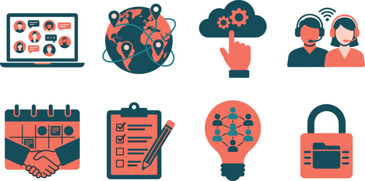 Business technology and global communication vector icon set featuring remote work, cloud computing, and teamwork