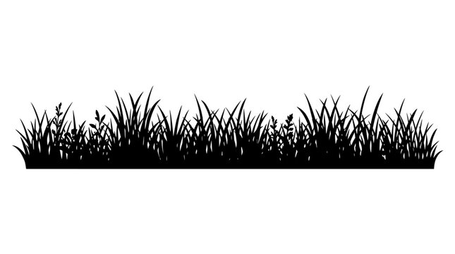 Grass silhouette illustration depicts a full, varied strip of dark green blades and small plant forms on a bright white background, useful for natural design elements.