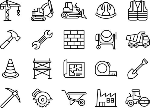 Construction icon set tools, heavy machinery, building equipment, and site safety symbols