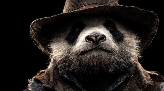 Close up portrait of a panda bear wearing a hat and jacket against black