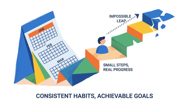 Consistent habits and achievable goals concept vector, small steps for real progress illustration, person climbing stairs from a calendar