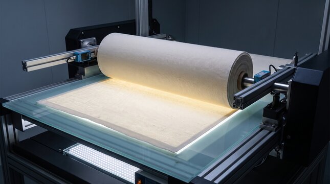 Industrial paper roll feeding into a high speed printing machine in a modern manufacturing factory floor