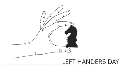 Hand holding black chess knight for Left Handers Day, single line art illustration © Lailai