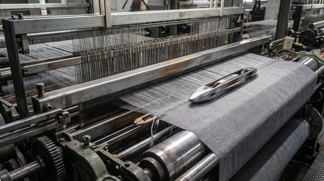 Industrial textile loom machine weaving fabric with a metal shuttle in a factory production line setting