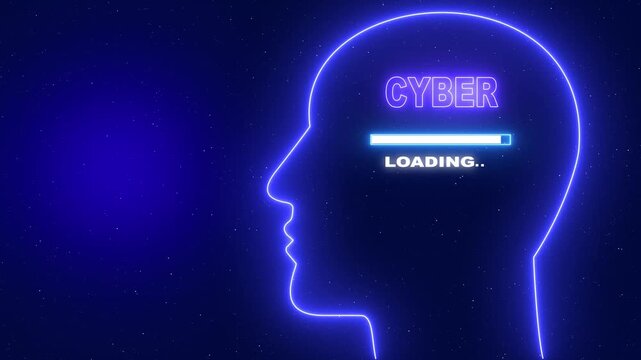 Cyber Neon blue outline of a human head profile with the word Server Security and a loading bar on a dark blue starry background