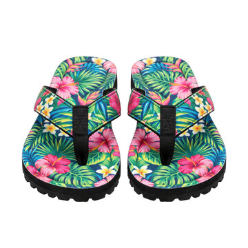 A pair of colorful floral flip flops as summer beach accesories isolated on transparent background
