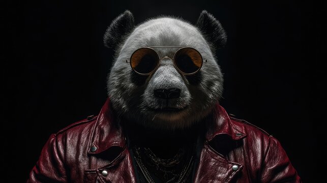 Stylish panda portrait with sunglasses and leather jacket against black