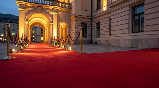 A glamorous red carpet laid out at an exclusive event ready for an award ceremony or celebrity entrance. Representing festivity prestige and the excitement of high-profile occasions. red carpet at an