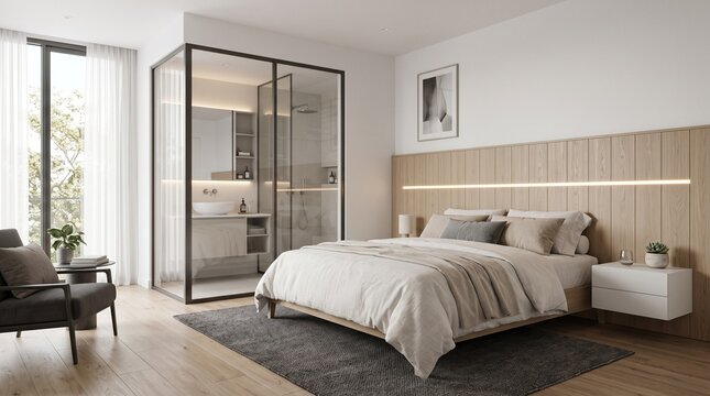 Modern luxury hotel bedroom interior with glass bathroom wall and comfortable king size bed in minimalist style home apartment design with soft lighting and grey color palette