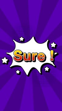 sure text word lettering popup comic cartoon reveal with bomb and smoke explosion manga anime book page dots radial speed lines doodle violet background seamless loop vertical animation retro