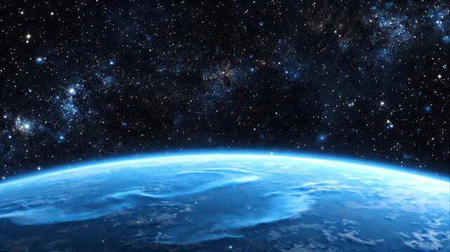 Cinematic 4K loop of blue Earth with glowing atmosphere against deep space and starry sky
