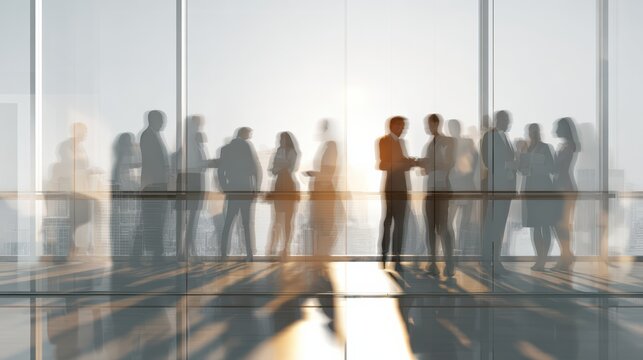 Business team meeting in a bright office, diverse group, realistic shadows and reflections 