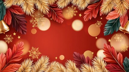 Obraz premium Elegant red Christmas background with golden glitter snowflakes and pine branches