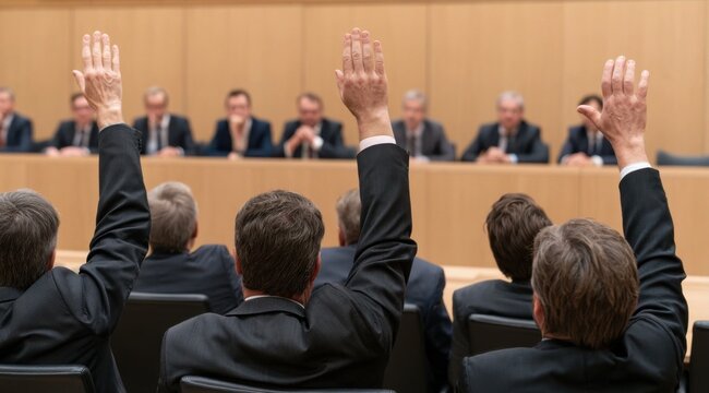 Business professionals raising hands during a formal meeting or assembly