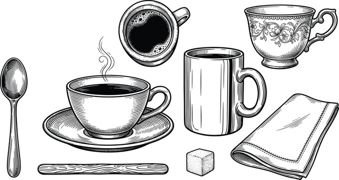 Vintage Hand Drawn Coffee and Tea Cups Vector Element Set with Mug Spoon Sugar Cube Napkin and Stirrer for Cafe Menu Design