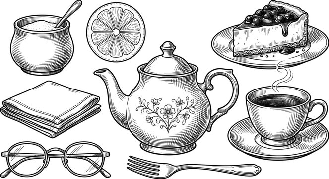 Vintage Hand Drawn Tea Time Vector Element Set with Teapot Cup Cheesecake Lemon Glasses Napkin and Sugar Bowl for Cafe Menu Design
