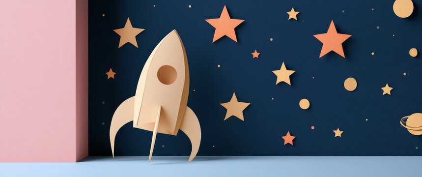 Cardboard rocket with stars and planets against dark blue