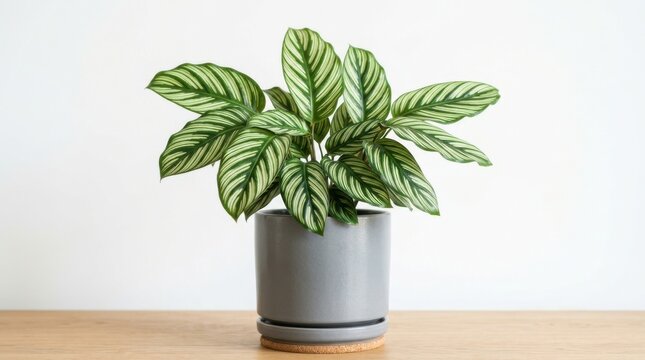 Beautiful green calathea plant with striped leaves growing in a modern gray ceramic pot on a simple wooden surface isolated on white background