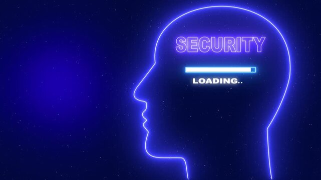Security Neon blue outline of a human head profile with the word Server Security and a loading bar on a dark blue starry background