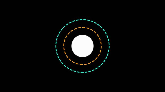 A bright white circle is the focal point surrounded by dashed concentric rings in cyan and orange hues against a deep black backdrop representing a clean abstract.