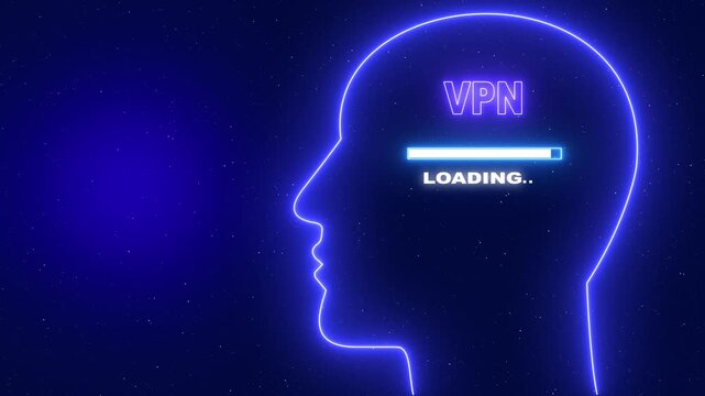 Vpn Neon blue outline of a human head profile with the word Server Security and a loading bar on a dark blue starry background