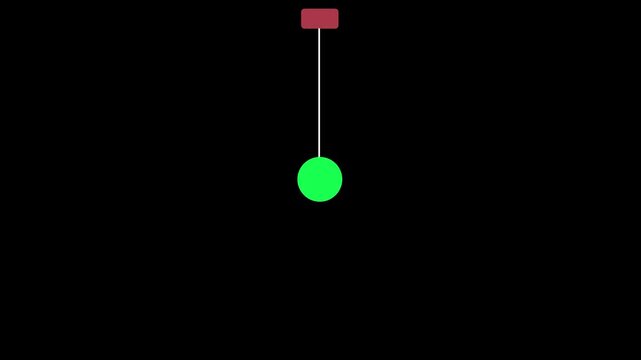 A simple representation of a pendulum with a red rectangular and a vibrant green circular bob suspended by a thin white string against a stark black background.