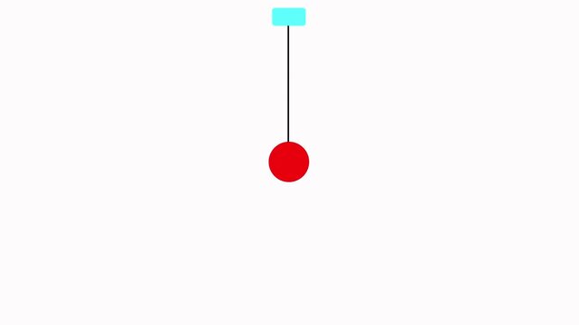 A minimalist of a pendulum with a bright cyan rectangular and a vivid red circular bob hanging from a thin black string against a clean white background.