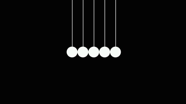 A classic Newton's cradle with five red circular balls suspended by thin red strings against a deep black background, showcasing the principle of conservation.