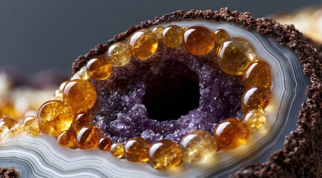 Circular agate geode with amber-colored crystals around a purple druzy interior cavity