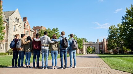Obraz premium A Motivational Shot of a Group of Unrecognizable University Students Standing Together Outside on Campus Representing the Starting Line to a Bright Future shot of group unrecognizable university