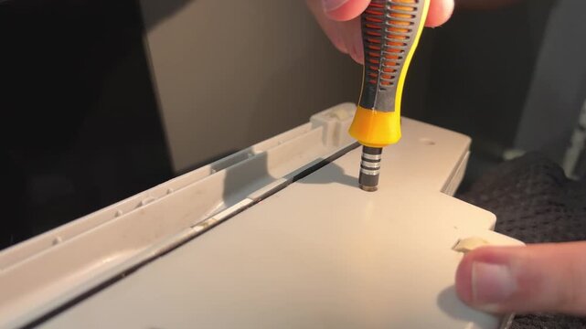 Close-up of hands using a screwdriver to repair a plastic household component, DIY maintenance, assembly and practical workshop work.