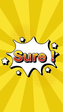 sure text word lettering popup comic cartoon reveal with bomb and smoke explosion manga anime book page dots radial speed lines doodle yellow background seamless loop vertical animation retro
