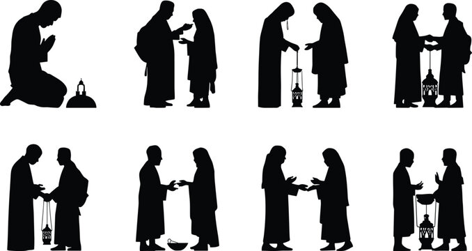 Islamic prayer and Ramadan Mubarak celebration silhouettes set showing people praying giving charity holding lanterns and sharing food
