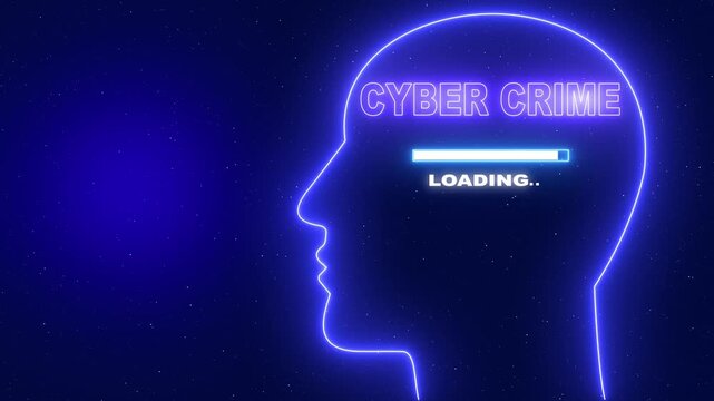 Cyber Crime Neon blue outline of a human head profile with the word Server Security and a loading bar on a dark blue starry background