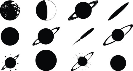 Solar System Planets Vector Icon Set Featuring Ringed Planets Earth Moon Phases Comet and Celestial Bodies Silhouettes Collection © Shariful