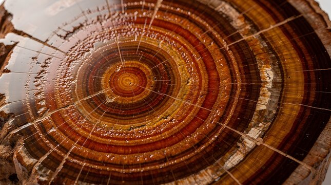 Close up of a polished petrified wood cross section showing beautiful circular growth rings.