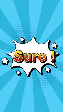 sure text word lettering popup comic cartoon reveal with bomb and smoke explosion manga anime book page dots radial speed lines doodle sky blue background seamless loop vertical animation retro