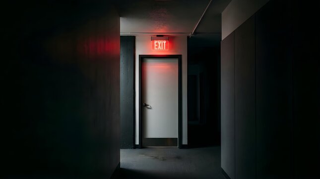Glowing red exit sign above a closed white door in a dark hallway